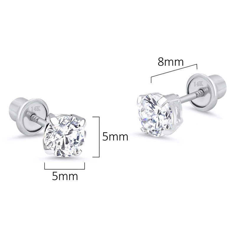 Lovearing 14k White Gold 5mm Basket Round Solitaire Cubic Zirconia Children Screw Back Baby Girls Earrings - Image 2
